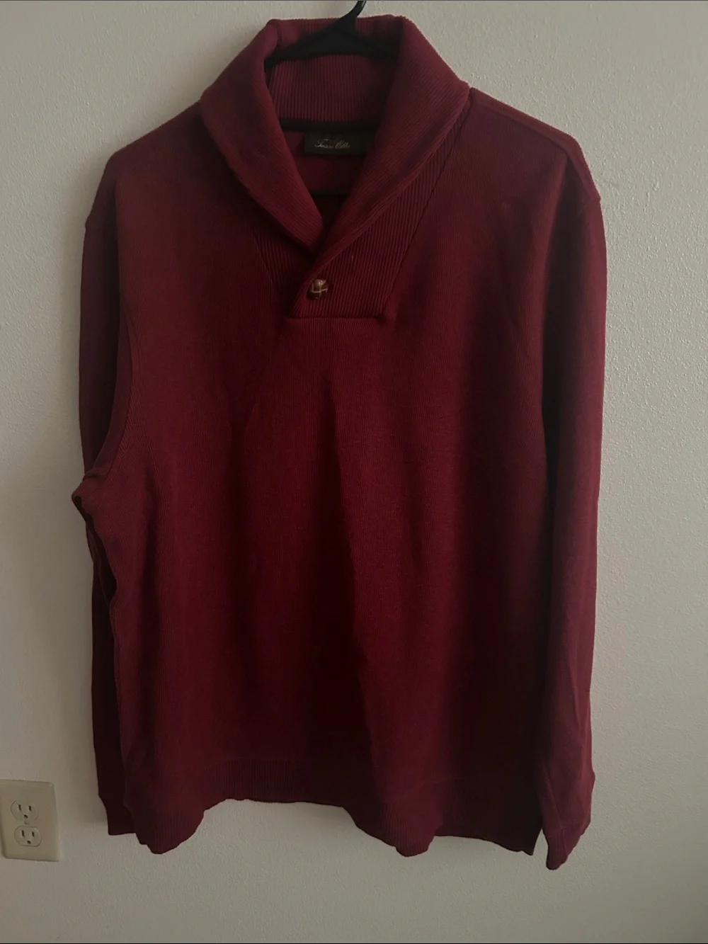 Tasso Elba Men L Shawl Collar Button Cotton Burgundy Rib Collar Hem Sweater